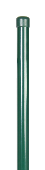 Zaunpfosten, gebohrt, gerade, für Maschendrahtgeflechte, Material: Stahl roh, Oberfläche: sendzimirverzinkt, grün kunststoffbeschichtet RAL 6005, zum Einbetonieren, Länge: 2000 mm, Pfosten-Ø: 60 mm, Wandstärke: 1,75 mm, Anzahl Drahthalter: 3, 15 Jahre Garantie gegen Durchrosten