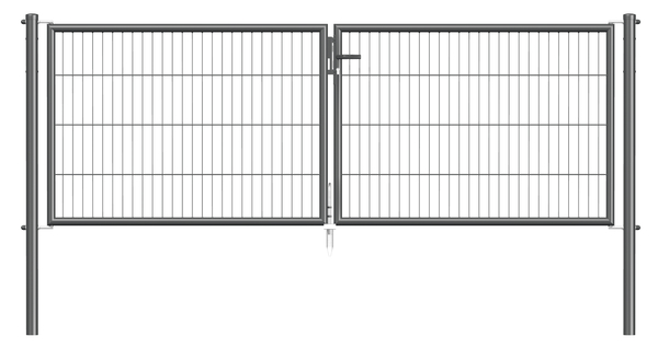Bar grating double gate Garden, Material: raw steel, Surface: zinc phosphate plated, anthracite powder-coated RAL 7016, for setting in concrete, Type: divided in the middle, Width from middle to middle of post: 2988 mm, Height: 1000 mm, Post length: 1500 mm, Post dia.: 60 mm, Frame thickness Ø: 42 mm, Filler material: 50 x 250 mm, 10-year warranty against rusting through