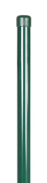 Zaunpfosten, gebohrt, gerade, für Maschendrahtgeflechte, Material: Stahl roh, Oberfläche: sendzimirverzinkt, grün kunststoffbeschichtet RAL 6005, zum Einbetonieren, Länge: 2750 mm, Pfosten-Ø: 76 mm, Wandstärke: 2 mm, Anzahl Drahthalter: 5, 15 Jahre Garantie gegen Durchrosten