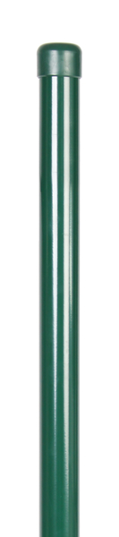 Zaunpfosten, gebohrt, gerade, für Maschendrahtgeflechte, Material: Stahl roh, Oberfläche: sendzimirverzinkt, grün kunststoffbeschichtet RAL 6005, zum Einbetonieren, Länge: 3250 mm, Pfosten-Ø: 76 mm, Wandstärke: 2 mm, Anzahl Drahthalter: 6, 15 Jahre Garantie gegen Durchrosten