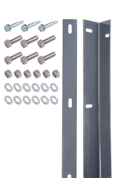 Befestigungsleiste für Doppelstab-Gittermatten, Material: Stahl roh, Oberfläche: feuerverzinkt, anthrazit kunststoffbeschichtet RAL 7016, Länge: 852 mm, Aufnahmewinkel: 60 x 45 x 3 mm, für Zaunhöhe: 800 mm, Flacheisen: 40 x 4 mm, Schraube: M8, 15 Jahre Garantie gegen Durchrosten