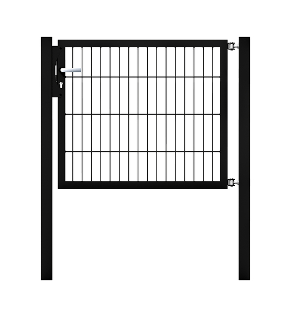 Furtka Flexo, typ 6/5/6, materiał: stal surowa, powierzchnia: ocynkowana ogniowo, czarna, matowa powłoka z tworzywa sztucznego RAL 9005, Szerokość siatki: 1000 mm, Szerokość w świetle: 1000 mm, Szerokość całkowita: 886 mm, Wysokość: 800 mm, Długość słupka: 1300 mm, Grubość słupka: 60 x 60 mm, Szerokość ramy: 910 mm, Grubość ramy: 40 x 40 mm, Wielkość oczek: 50 x 200 mm, 15 lat gwarancji na przerdzewienie