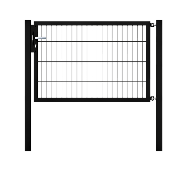 Cancello a un’anta Flexo, tipo 6/5/6, Materiale: acciaio grezzo, superficie: zincata a caldo, plastificata nero opaco RAL 9005, Larghezza nominale: 1250 mm, larghezza netta: 1265 mm, Larghezza totale: 1151 mm, altezza: 800 mm, Lunghezza pilastro: 1300 mm, Spessore pilastro: 60 x 60 mm, Larghezza del telaio: 1175 mm, Spessore telaio: 40 x 40 mm, larghezza delle maglie: 50 x 200 mm, 15 anni di garanzia contro la formazione di ruggine