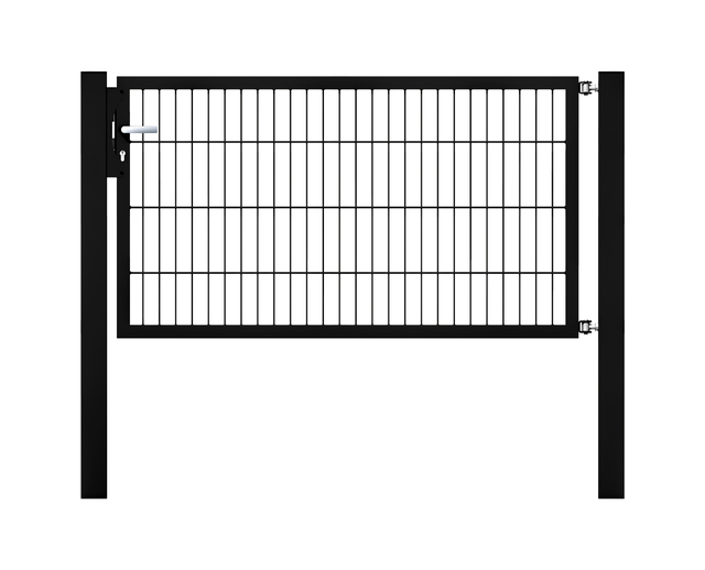 Cancello a un’anta Flexo, tipo 6/5/6, Materiale: acciaio grezzo, superficie: zincata a caldo, plastificata nero opaco RAL 9005, Larghezza nominale: 1500 mm, larghezza netta: 1515 mm, Larghezza totale: 1401 mm, altezza: 800 mm, Lunghezza pilastro: 1500 mm, Spessore pilastro: 80 x 80 mm, Larghezza del telaio: 1425 mm, Spessore telaio: 40 x 40 mm, larghezza delle maglie: 50 x 200 mm, 15 anni di garanzia contro la formazione di ruggine