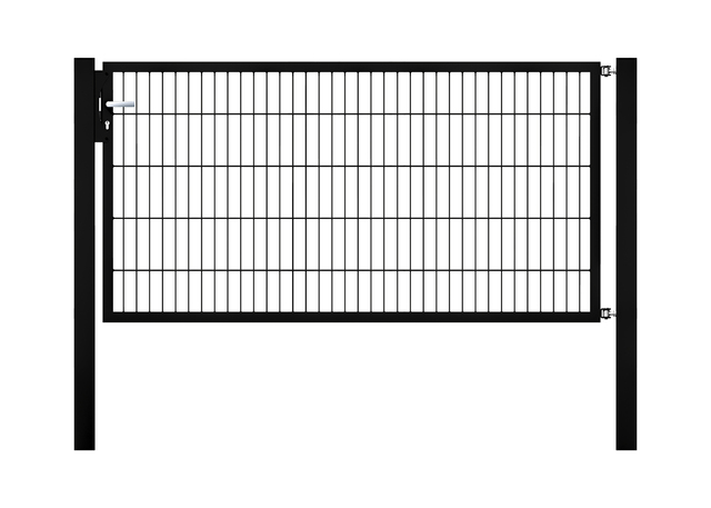 Cancello a un’anta Flexo, tipo 6/5/6, Materiale: acciaio grezzo, superficie: zincata a caldo, plastificata nero opaco RAL 9005, Larghezza nominale: 2000 mm, larghezza netta: 2015 mm, Larghezza totale: 1901 mm, altezza: 1000 mm, Lunghezza pilastro: 1700 mm, Spessore pilastro: 80 x 80 mm, Larghezza del telaio: 1925 mm, Spessore telaio: 40 x 40 mm, larghezza delle maglie: 50 x 200 mm, 15 anni di garanzia contro la formazione di ruggine
