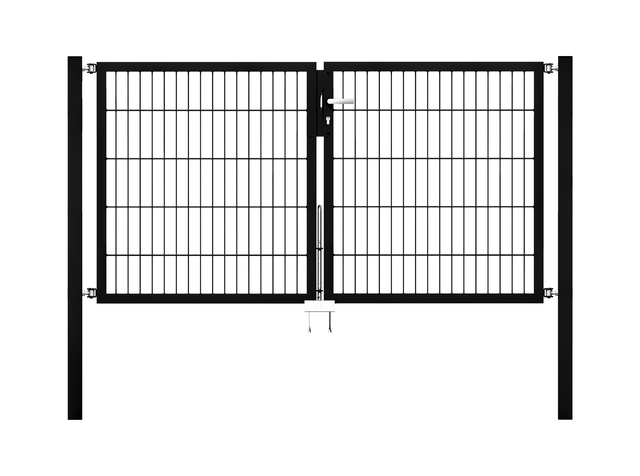 Cancello a due ante Flexo, tipo 6/5/6, Materiale: acciaio grezzo, superficie: zincata a caldo, plastificata nero opaco RAL 9005, da cementare, Larghezza nominale: 2000 mm, larghezza netta: 1970 mm, Larghezza totale: 1854 mm, Larghezza anta di cancello: 910 mm, Larghezza seconda anta di cancello: 910 mm, altezza: 1000 mm, Lunghezza pilastro: 1500 mm, Spessore pilastro: 60 x 60 mm, Spessore telaio: 40 x 40 mm, larghezza delle maglie: 50 x 200 mm, Suddivisione larghezza cancello: diviso al centro, 15 anni di garanzia contro la formazione di ruggine
