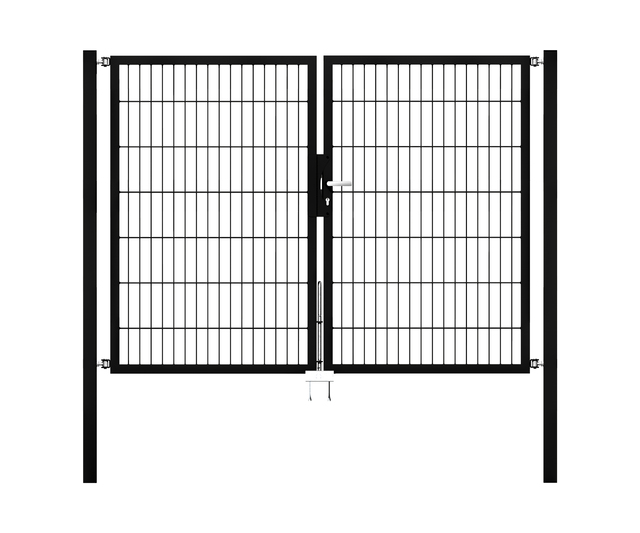 Cancello a due ante Flexo, tipo 6/5/6, Materiale: acciaio grezzo, superficie: zincata a caldo, plastificata nero opaco RAL 9005, da cementare, Larghezza nominale: 2000 mm, larghezza netta: 1970 mm, Larghezza totale: 1854 mm, Larghezza anta di cancello: 910 mm, Larghezza seconda anta di cancello: 910 mm, altezza: 1400 mm, Lunghezza pilastro: 1900 mm, Spessore pilastro: 60 x 60 mm, Spessore telaio: 40 x 40 mm, larghezza delle maglie: 50 x 200 mm, Suddivisione larghezza cancello: diviso al centro, 15 anni di garanzia contro la formazione di ruggine