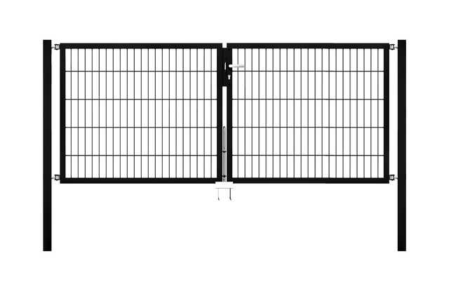 Cancello a due ante Flexo, tipo 6/5/6, Materiale: acciaio grezzo, superficie: zincata a caldo, plastificata nero opaco RAL 9005, da cementare, Larghezza nominale: 2500 mm, larghezza netta: 2500 mm, Larghezza totale: 2384 mm, Larghezza anta di cancello: 1175 mm, Larghezza seconda anta di cancello: 1175 mm, altezza: 1000 mm, Lunghezza pilastro: 1500 mm, Spessore pilastro: 60 x 60 mm, Spessore telaio: 40 x 40 mm, larghezza delle maglie: 50 x 200 mm, Suddivisione larghezza cancello: diviso al centro, 15 anni di garanzia contro la formazione di ruggine