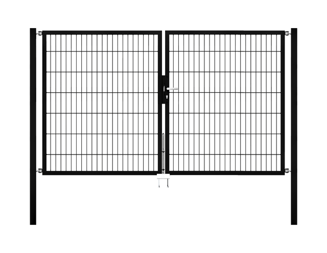 Cancello a due ante Flexo, tipo 6/5/6, Materiale: acciaio grezzo, superficie: zincata a caldo, plastificata nero opaco RAL 9005, da cementare, Larghezza nominale: 2500 mm, larghezza netta: 2500 mm, Larghezza totale: 2384 mm, Larghezza anta di cancello: 1175 mm, Larghezza seconda anta di cancello: 1175 mm, altezza: 1400 mm, Lunghezza pilastro: 1900 mm, Spessore pilastro: 60 x 60 mm, Spessore telaio: 40 x 40 mm, larghezza delle maglie: 50 x 200 mm, Suddivisione larghezza cancello: diviso al centro, 15 anni di garanzia contro la formazione di ruggine
