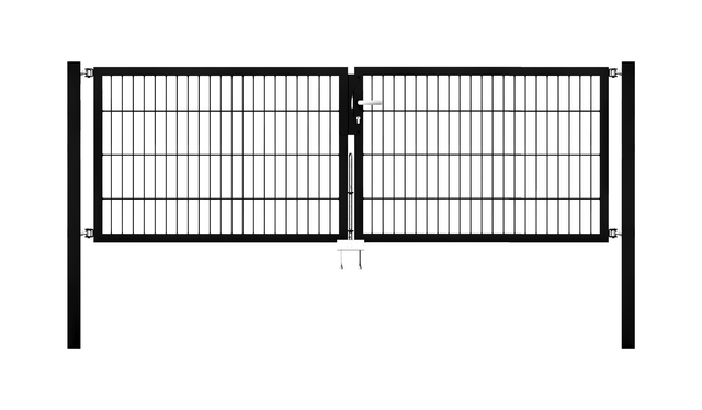 Cancello a due ante Flexo, tipo 6/5/6, Materiale: acciaio grezzo, superficie: zincata a caldo, plastificata nero opaco RAL 9005, da cementare, Larghezza nominale: 2500 mm, larghezza netta: 2500 mm, Larghezza totale: 2384 mm, Larghezza anta di cancello: 1175 mm, Larghezza seconda anta di cancello: 1175 mm, altezza: 800 mm, Lunghezza pilastro: 1300 mm, Spessore pilastro: 60 x 60 mm, Spessore telaio: 40 x 40 mm, larghezza delle maglie: 50 x 200 mm, Suddivisione larghezza cancello: diviso al centro, 15 anni di garanzia contro la formazione di ruggine