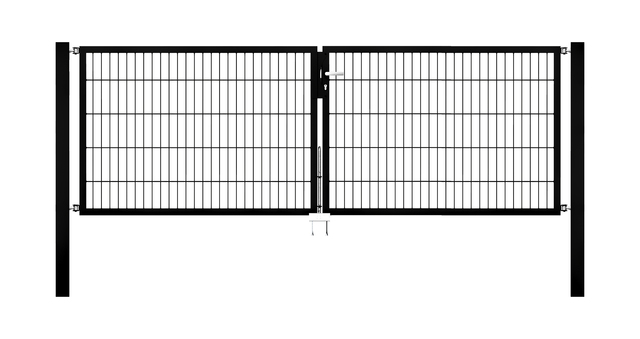 Cancello a due ante Flexo, tipo 6/5/6, Materiale: acciaio grezzo, superficie: zincata a caldo, plastificata nero opaco RAL 9005, da cementare, Larghezza nominale: 3000 mm, larghezza netta: 3000 mm, Larghezza totale: 2884 mm, Larghezza anta di cancello: 1425 mm, Larghezza seconda anta di cancello: 1425 mm, altezza: 1000 mm, Lunghezza pilastro: 1700 mm, Spessore pilastro: 80 x 80 mm, Spessore telaio: 40 x 40 mm, larghezza delle maglie: 50 x 200 mm, Suddivisione larghezza cancello: diviso al centro, 15 anni di garanzia contro la formazione di ruggine