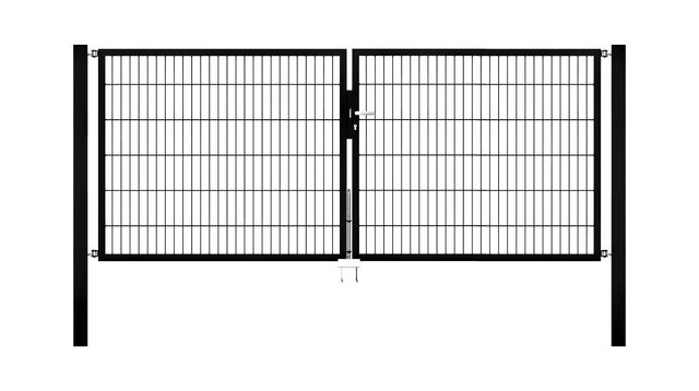 Cancello a due ante Flexo, tipo 6/5/6, Materiale: acciaio grezzo, superficie: zincata a caldo, plastificata nero opaco RAL 9005, da cementare, Larghezza nominale: 3000 mm, larghezza netta: 3000 mm, Larghezza totale: 2884 mm, Larghezza anta di cancello: 1425 mm, Larghezza seconda anta di cancello: 1425 mm, altezza: 1200 mm, Lunghezza pilastro: 1900 mm, Spessore pilastro: 80 x 80 mm, Spessore telaio: 40 x 40 mm, larghezza delle maglie: 50 x 200 mm, Suddivisione larghezza cancello: diviso al centro, 15 anni di garanzia contro la formazione di ruggine
