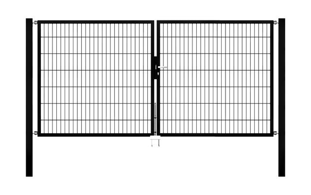 Cancello a due ante Flexo, tipo 6/5/6, Materiale: acciaio grezzo, superficie: zincata a caldo, plastificata nero opaco RAL 9005, da cementare, Larghezza nominale: 3000 mm, larghezza netta: 3000 mm, Larghezza totale: 2884 mm, Larghezza anta di cancello: 1425 mm, Larghezza seconda anta di cancello: 1425 mm, altezza: 1400 mm, Lunghezza pilastro: 2100 mm, Spessore pilastro: 80 x 80 mm, Spessore telaio: 40 x 40 mm, larghezza delle maglie: 50 x 200 mm, Suddivisione larghezza cancello: diviso al centro, 15 anni di garanzia contro la formazione di ruggine