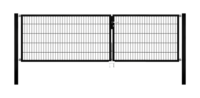 Brama dwuskrzydłowa Flexo, typ 6/5/6, materiał: stal surowa, powierzchnia: ocynkowana ogniowo, czarna, matowa powłoka z tworzywa sztucznego RAL 9005, do osadzania w betonie, Szerokość siatki: 3500 mm, Szerokość w świetle: 3500 mm, Szerokość całkowita: 3384 mm, Szerokość ramy skrzydła zamykającego: 1425 mm, Szerokość ramy drugiego skrzydła: 1925 mm, Wysokość: 1000 mm, Długość słupka: 1700 mm, Grubość słupka: 80 x 80 mm, Grubość ramy: 40 x 40 mm, Wielkość oczek: 50 x 200 mm, Podział szerokości bramy: nierówny podział, 15 lat gwarancji na przerdzewienie