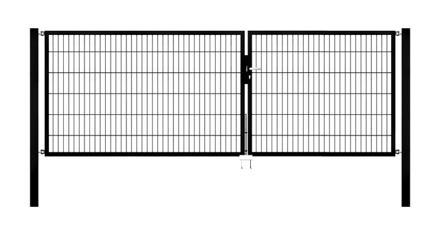 Brama dwuskrzydłowa Flexo, typ 6/5/6, materiał: stal surowa, powierzchnia: ocynkowana ogniowo, czarna, matowa powłoka z tworzywa sztucznego RAL 9005, do osadzania w betonie, Szerokość siatki: 3500 mm, Szerokość w świetle: 3500 mm, Szerokość całkowita: 3384 mm, Szerokość ramy skrzydła zamykającego: 1425 mm, Szerokość ramy drugiego skrzydła: 1925 mm, Wysokość: 1200 mm, Długość słupka: 1900 mm, Grubość słupka: 80 x 80 mm, Grubość ramy: 40 x 40 mm, Wielkość oczek: 50 x 200 mm, Podział szerokości bramy: nierówny podział, 15 lat gwarancji na przerdzewienie