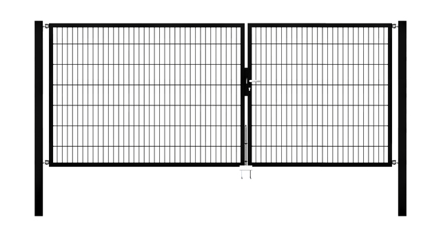 Cancello a due ante Flexo, tipo 6/5/6, Materiale: acciaio grezzo, superficie: zincata a caldo, plastificata nero opaco RAL 9005, da cementare, Larghezza nominale: 3500 mm, larghezza netta: 3500 mm, Larghezza totale: 3384 mm, Larghezza anta di cancello: 1425 mm, Larghezza seconda anta di cancello: 1925 mm, altezza: 1400 mm, Lunghezza pilastro: 2100 mm, Spessore pilastro: 80 x 80 mm, Spessore telaio: 40 x 40 mm, larghezza delle maglie: 50 x 200 mm, Suddivisione larghezza cancello: Diviso in modo disuguale, 15 anni di garanzia contro la formazione di ruggine