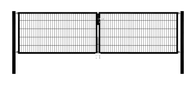 Cancello a due ante Flexo, tipo 6/5/6, Materiale: acciaio grezzo, superficie: zincata a caldo, plastificata nero opaco RAL 9005, da cementare, Larghezza nominale: 4000 mm, larghezza netta: 4000 mm, Larghezza totale: 3884 mm, Larghezza anta di cancello: 1925 mm, Larghezza seconda anta di cancello: 1925 mm, altezza: 1000 mm, Lunghezza pilastro: 1700 mm, Spessore pilastro: 80 x 80 mm, Spessore telaio: 40 x 40 mm, larghezza delle maglie: 50 x 200 mm, Suddivisione larghezza cancello: diviso al centro, 15 anni di garanzia contro la formazione di ruggine
