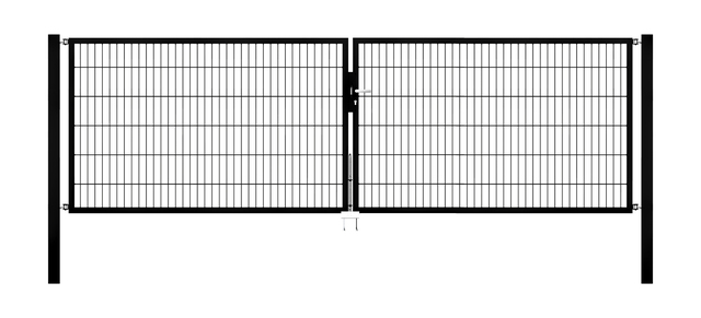 Cancello a due ante Flexo, tipo 6/5/6, Materiale: acciaio grezzo, superficie: zincata a caldo, plastificata nero opaco RAL 9005, da cementare, Larghezza nominale: 4000 mm, larghezza netta: 4000 mm, Larghezza totale: 3884 mm, Larghezza anta di cancello: 1925 mm, Larghezza seconda anta di cancello: 1925 mm, altezza: 1200 mm, Lunghezza pilastro: 1900 mm, Spessore pilastro: 80 x 80 mm, Spessore telaio: 40 x 40 mm, larghezza delle maglie: 50 x 200 mm, Suddivisione larghezza cancello: diviso al centro, 15 anni di garanzia contro la formazione di ruggine
