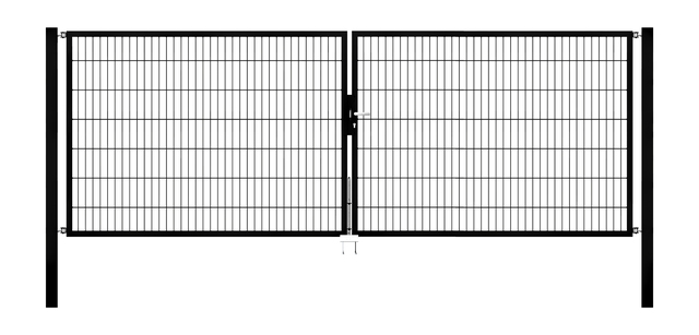 Cancello a due ante Flexo, tipo 6/5/6, Materiale: acciaio grezzo, superficie: zincata a caldo, plastificata nero opaco RAL 9005, da cementare, Larghezza nominale: 4000 mm, larghezza netta: 4000 mm, Larghezza totale: 3884 mm, Larghezza anta di cancello: 1925 mm, Larghezza seconda anta di cancello: 1925 mm, altezza: 1400 mm, Lunghezza pilastro: 2100 mm, Spessore pilastro: 80 x 80 mm, Spessore telaio: 40 x 40 mm, larghezza delle maglie: 50 x 200 mm, Suddivisione larghezza cancello: diviso al centro, 15 anni di garanzia contro la formazione di ruggine