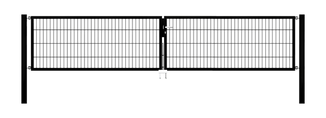 Cancello a due ante Flexo, tipo 6/5/6, Materiale: acciaio grezzo, superficie: zincata a caldo, plastificata nero opaco RAL 9005, da cementare, Larghezza nominale: 4000 mm, larghezza netta: 4000 mm, Larghezza totale: 3884 mm, Larghezza anta di cancello: 1925 mm, Larghezza seconda anta di cancello: 1925 mm, altezza: 800 mm, Lunghezza pilastro: 1500 mm, Spessore pilastro: 80 x 80 mm, Spessore telaio: 40 x 40 mm, larghezza delle maglie: 50 x 200 mm, Suddivisione larghezza cancello: diviso al centro, 15 anni di garanzia contro la formazione di ruggine