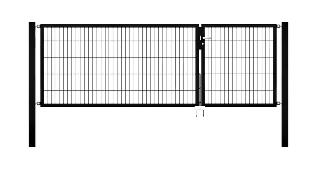 Cancello a due ante Flexo, tipo 6/5/6, Materiale: acciaio grezzo, superficie: zincata a caldo, plastificata nero opaco RAL 9005, da cementare, Larghezza nominale: 3000 mm, larghezza netta: 2985 mm, Larghezza totale: 2869 mm, Larghezza anta di cancello: 910 mm, Larghezza seconda anta di cancello: 1925 mm, altezza: 1000 mm, Lunghezza pilastro: 1700 mm, Spessore pilastro: 80 x 80 mm, Spessore telaio: 40 x 40 mm, larghezza delle maglie: 50 x 200 mm, Suddivisione larghezza cancello: Diviso in modo disuguale, 15 anni di garanzia contro la formazione di ruggine