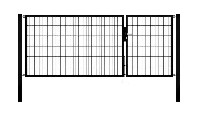 Cancello a due ante Flexo, tipo 6/5/6, Materiale: acciaio grezzo, superficie: zincata a caldo, plastificata nero opaco RAL 9005, da cementare, Larghezza nominale: 3000 mm, larghezza netta: 2985 mm, Larghezza totale: 2869 mm, Larghezza anta di cancello: 910 mm, Larghezza seconda anta di cancello: 1925 mm, altezza: 1200 mm, Lunghezza pilastro: 1900 mm, Spessore pilastro: 80 x 80 mm, Spessore telaio: 40 x 40 mm, larghezza delle maglie: 50 x 200 mm, Suddivisione larghezza cancello: Diviso in modo disuguale, 15 anni di garanzia contro la formazione di ruggine