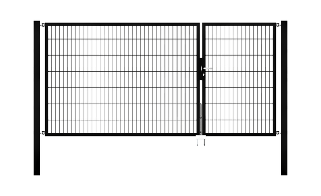 Cancello a due ante Flexo, tipo 6/5/6, Materiale: acciaio grezzo, superficie: zincata a caldo, plastificata nero opaco RAL 9005, da cementare, Larghezza nominale: 3000 mm, larghezza netta: 2985 mm, Larghezza totale: 2869 mm, Larghezza anta di cancello: 910 mm, Larghezza seconda anta di cancello: 1925 mm, altezza: 1400 mm, Lunghezza pilastro: 2100 mm, Spessore pilastro: 80 x 80 mm, Spessore telaio: 40 x 40 mm, larghezza delle maglie: 50 x 200 mm, Suddivisione larghezza cancello: Diviso in modo disuguale, 15 anni di garanzia contro la formazione di ruggine
