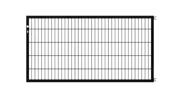 Skrzydło bramy Flexo, typ 6/5/6, materiał: stal surowa, powierzchnia: ocynkowana ogniowo, czarna, matowa powłoka z tworzywa sztucznego RAL 9005, Szerokość siatki: 2000 mm, Wysokość: 1000 mm, Szerokość ramy: 1925 mm, Grubość ramy: 40 x 40 mm, Wielkość oczek: 50 x 200 mm, 15 lat gwarancji na przerdzewienie
