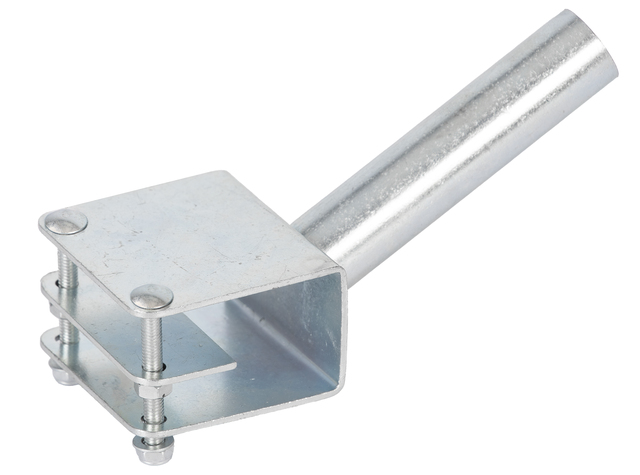 Halter für Fahnen zur Befestigung an Geländern, für eine Fahne, Material: Stahl roh, Oberfläche: galvanisch blau verzinkt, Aufnahmerohr-Ø: 25 mm, Plattenbreite: 130 mm, Plattenhöhe: 70 mm, Innen-Ø: 23 mm, Materialstärke: 2,00 mm, Anzahl Löcher: 2, Loch: Ø7 mm