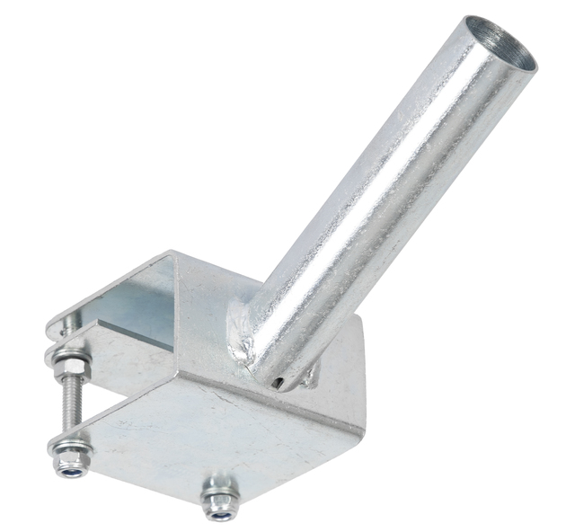 Halter für Fahnen zur Befestigung an Geländern, für eine Fahne, Material: Stahl roh, Oberfläche: galvanisch blau verzinkt, Aufnahmerohr-Ø: 25 mm, Plattenbreite: 130 mm, Plattenhöhe: 70 mm, Innen-Ø: 23 mm, Materialstärke: 2,00 mm, Anzahl Löcher: 2, Loch: Ø7 mm