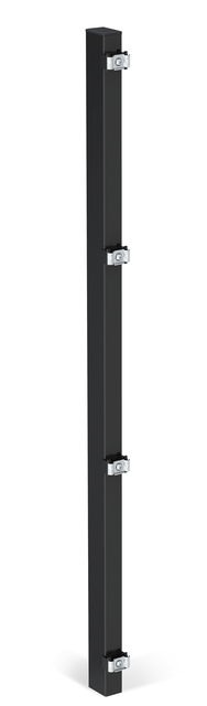 Słupek ogrodzeniowy z obejmą zaciskową, skrócony, rozstaw otworów 400 mm, Akcesoria słupka dostarczane są w jego wnętrzu, Do mocowania za pomocą wbijanych gniazd uziemiających lub wsporników słupków, materiał: stal surowa, powierzchnia: Sendzimir ocynkowany, pokryty czarnym matowym tworzywem sztucznym RAL 9005, do przykręcenia, Długość: 1275 mm, dla wysokości siatki: 1200 mm, Grubość słupka: 60 x 40 mm, Liczba otworów: 4, Otwór: Ø12 mm, 15 lat gwarancji na przerdzewienie