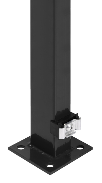 Słupek ogrodzeniowy z płytą, z obejmą zaciskową, rozstaw otworów 400 mm, Akcesoria są dostarczane do każdego zamówienia w osobnej paczce, materiał: stal surowa, powierzchnia: ocynkowana ogniowo, czarna, matowa powłoka z tworzywa sztucznego RAL 9005, do przykręcenia, Długość: 1300 mm, Płyta fundamentowa słupka: 100 x 100 x 5 mm, dla wysokości siatki: 1200 mm, Grubość słupka: 60 x 40 mm, Ilość otworów: 4, Otwór: Ø13 mm, 15 lat gwarancji na przerdzewienie