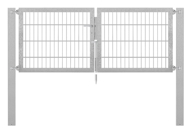 Doppeltor Flexo Plus, schwer, Material: Stahl roh, Oberfläche: feuerverzinkt passiviert, zum Einbetonieren, Ausführung: mittig geteilt, Nennbreite: 2000 mm, lichte Breite: 1979 mm, Durchgangsbreite: 1979 mm, Rahmenbreite Schließflügel: 922 mm, Rahmenbreite Zweitflügel: 922 mm, Höhe: 800 mm, Pfostenlänge: 1500 mm, Pfostenstärke: 100 x 100 mm, Rahmenstärke: 60 x 40 mm, Maschenweite: 50 x 200 mm, 15 Jahre Garantie gegen Durchrosten