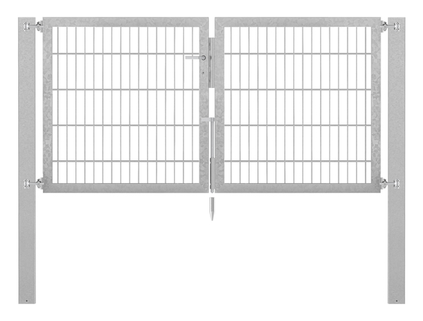 Doppeltor Flexo Plus, Typ 8/6/8, Material: Stahl roh, Oberfläche: feuerverzinkt passiviert, zum Einbetonieren, Ausführung: mittig geteilt, Nennbreite: 2000 mm, lichte Breite: 1979 mm, Durchgangsbreite: 1979 mm, Rahmenbreite Schließflügel: 922 mm, Rahmenbreite Zweitflügel: 922 mm, Höhe: 1000 mm, Pfostenlänge: 1700 mm, Pfostenstärke: 100 x 100 mm, Rahmenstärke: 60 x 40 mm, Maschenweite: 50 x 200 mm, 15 Jahre Garantie gegen Durchrosten