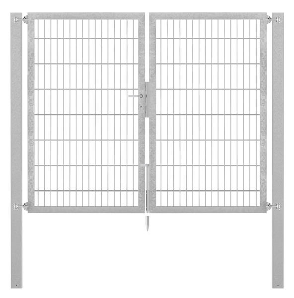 Doppeltor Flexo Plus, Typ 8/6/8, Material: Stahl roh, Oberfläche: feuerverzinkt passiviert, zum Einbetonieren, Ausführung: mittig geteilt, Nennbreite: 2000 mm, lichte Breite: 1979 mm, Durchgangsbreite: 1979 mm, Rahmenbreite Schließflügel: 922 mm, Rahmenbreite Zweitflügel: 922 mm, Höhe: 1600 mm, Pfostenlänge: 2300 mm, Pfostenstärke: 100 x 100 mm, Rahmenstärke: 60 x 40 mm, Maschenweite: 50 x 200 mm, 15 Jahre Garantie gegen Durchrosten