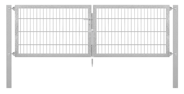 Doppeltor Flexo Plus, Typ 8/6/8, Material: Stahl roh, Oberfläche: feuerverzinkt passiviert, zum Einbetonieren, Ausführung: mittig geteilt, Nennbreite: 2500 mm, lichte Breite: 2500 mm, Durchgangsbreite: 2500 mm, Rahmenbreite Schließflügel: 1182 mm, Rahmenbreite Zweitflügel: 1182 mm, Höhe: 800 mm, Pfostenlänge: 1500 mm, Pfostenstärke: 100 x 100 mm, Rahmenstärke: 60 x 40 mm, Maschenweite: 50 x 200 mm, 15 Jahre Garantie gegen Durchrosten