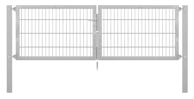 Doppeltor Flexo Plus, schwer, Material: Stahl roh, Oberfläche: feuerverzinkt passiviert, zum Einbetonieren, Ausführung: mittig geteilt, Nennbreite: 2500 mm, lichte Breite: 2500 mm, Durchgangsbreite: 2500 mm, Rahmenbreite Schließflügel: 1182 mm, Rahmenbreite Zweitflügel: 1182 mm, Höhe: 800 mm, Pfostenlänge: 1500 mm, Pfostenstärke: 100 x 100 mm, Rahmenstärke: 60 x 40 mm, Maschenweite: 50 x 200 mm, 15 Jahre Garantie gegen Durchrosten