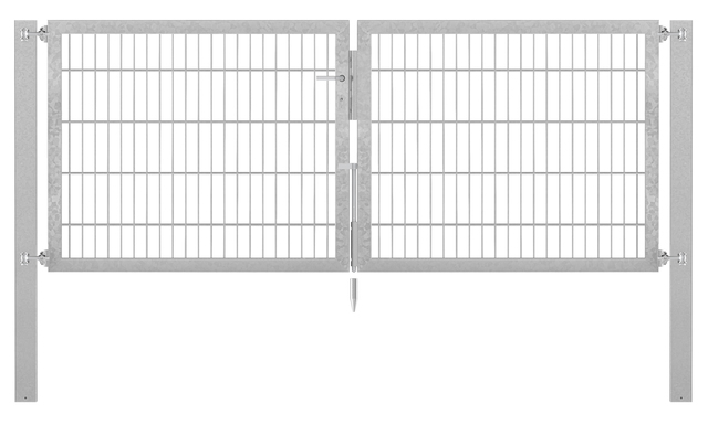 Doppeltor Flexo Plus, Typ 8/6/8, Material: Stahl roh, Oberfläche: feuerverzinkt passiviert, zum Einbetonieren, Ausführung: mittig geteilt, Nennbreite: 2500 mm, lichte Breite: 2500 mm, Durchgangsbreite: 2500 mm, Rahmenbreite Schließflügel: 1182 mm, Rahmenbreite Zweitflügel: 1182 mm, Höhe: 1000 mm, Pfostenlänge: 1700 mm, Pfostenstärke: 100 x 100 mm, Rahmenstärke: 60 x 40 mm, Maschenweite: 50 x 200 mm, 15 Jahre Garantie gegen Durchrosten