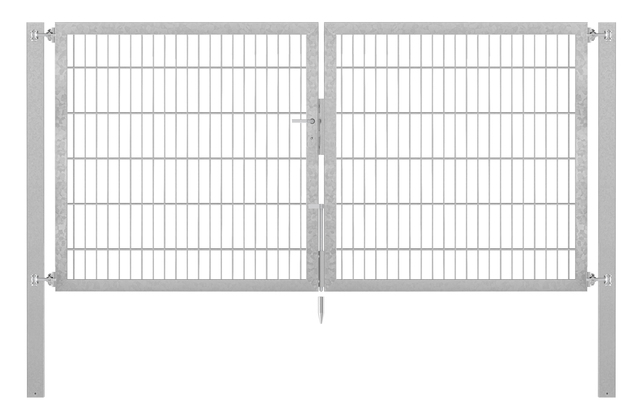 Doppeltor Flexo Plus, schwer, Material: Stahl roh, Oberfläche: feuerverzinkt passiviert, zum Einbetonieren, Ausführung: mittig geteilt, Nennbreite: 2500 mm, lichte Breite: 2500 mm, Durchgangsbreite: 2500 mm, Rahmenbreite Schließflügel: 1182 mm, Rahmenbreite Zweitflügel: 1182 mm, Höhe: 1200 mm, Pfostenlänge: 1900 mm, Pfostenstärke: 100 x 100 mm, Rahmenstärke: 60 x 40 mm, Maschenweite: 50 x 200 mm, 15 Jahre Garantie gegen Durchrosten