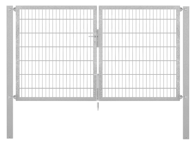 Doppeltor Flexo Plus, schwer, Material: Stahl roh, Oberfläche: feuerverzinkt passiviert, zum Einbetonieren, Ausführung: mittig geteilt, Nennbreite: 2500 mm, lichte Breite: 2500 mm, Durchgangsbreite: 2500 mm, Rahmenbreite Schließflügel: 1182 mm, Rahmenbreite Zweitflügel: 1182 mm, Höhe: 1400 mm, Pfostenlänge: 2100 mm, Pfostenstärke: 100 x 100 mm, Rahmenstärke: 60 x 40 mm, Maschenweite: 50 x 200 mm, 15 Jahre Garantie gegen Durchrosten