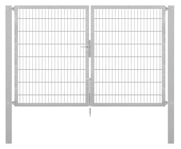 Doppeltor Flexo Plus, Typ 8/6/8, Material: Stahl roh, Oberfläche: feuerverzinkt passiviert, zum Einbetonieren, Ausführung: mittig geteilt, Nennbreite: 2500 mm, lichte Breite: 2500 mm, Durchgangsbreite: 2500 mm, Rahmenbreite Schließflügel: 1182 mm, Rahmenbreite Zweitflügel: 1182 mm, Höhe: 1600 mm, Pfostenlänge: 2300 mm, Pfostenstärke: 100 x 100 mm, Rahmenstärke: 60 x 40 mm, Maschenweite: 50 x 200 mm, 15 Jahre Garantie gegen Durchrosten