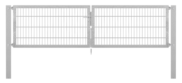 Doppeltor Flexo Plus, Typ 8/6/8, Material: Stahl roh, Oberfläche: feuerverzinkt passiviert, zum Einbetonieren, Ausführung: mittig geteilt, Nennbreite: 3000 mm, lichte Breite: 3000 mm, Durchgangsbreite: 3000 mm, Rahmenbreite Schließflügel: 1432 mm, Rahmenbreite Zweitflügel: 1432 mm, Höhe: 800 mm, Pfostenlänge: 1500 mm, Pfostenstärke: 100 x 100 mm, Rahmenstärke: 60 x 40 mm, Maschenweite: 50 x 200 mm, 15 Jahre Garantie gegen Durchrosten
