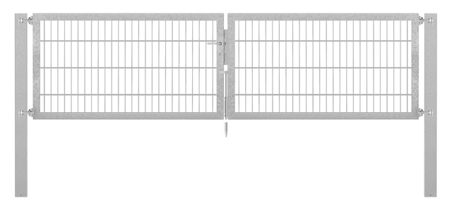 Doppeltor Flexo Plus, schwer, Material: Stahl roh, Oberfläche: feuerverzinkt passiviert, zum Einbetonieren, Ausführung: mittig geteilt, Nennbreite: 3000 mm, lichte Breite: 3000 mm, Durchgangsbreite: 3000 mm, Rahmenbreite Schließflügel: 1432 mm, Rahmenbreite Zweitflügel: 1432 mm, Höhe: 800 mm, Pfostenlänge: 1500 mm, Pfostenstärke: 100 x 100 mm, Rahmenstärke: 60 x 40 mm, Maschenweite: 50 x 200 mm, 15 Jahre Garantie gegen Durchrosten