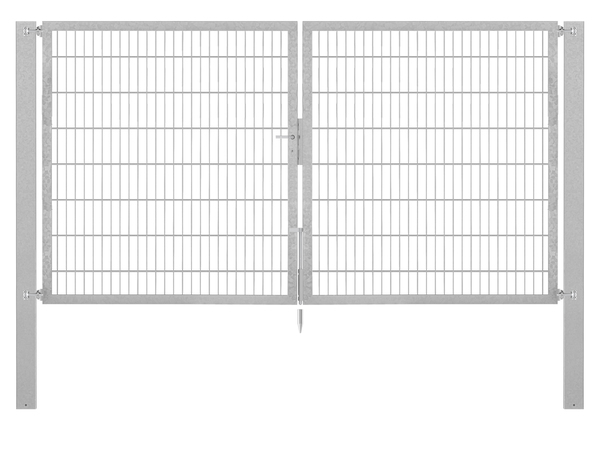 Doppeltor Flexo Plus, Typ 8/6/8, Material: Stahl roh, Oberfläche: feuerverzinkt passiviert, zum Einbetonieren, Ausführung: mittig geteilt, Nennbreite: 3000 mm, lichte Breite: 3000 mm, Durchgangsbreite: 3000 mm, Rahmenbreite Schließflügel: 1432 mm, Rahmenbreite Zweitflügel: 1432 mm, Höhe: 1600 mm, Pfostenlänge: 2300 mm, Pfostenstärke: 100 x 100 mm, Rahmenstärke: 60 x 40 mm, Maschenweite: 50 x 200 mm, 15 Jahre Garantie gegen Durchrosten