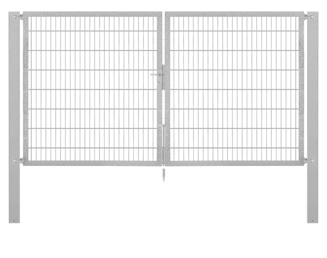 Doppeltor Flexo Plus, schwer, Material: Stahl roh, Oberfläche: feuerverzinkt passiviert, zum Einbetonieren, Ausführung: mittig geteilt, Nennbreite: 3000 mm, lichte Breite: 3000 mm, Durchgangsbreite: 3000 mm, Rahmenbreite Schließflügel: 1432 mm, Rahmenbreite Zweitflügel: 1432 mm, Höhe: 1600 mm, Pfostenlänge: 2300 mm, Pfostenstärke: 100 x 100 mm, Rahmenstärke: 60 x 40 mm, Maschenweite: 50 x 200 mm, 15 Jahre Garantie gegen Durchrosten