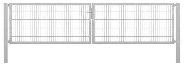 Doppeltor Flexo Plus, schwer, Material: Stahl roh, Oberfläche: feuerverzinkt passiviert, zum Einbetonieren, Ausführung: mittig geteilt, Nennbreite: 4000 mm, lichte Breite: 4000 mm, Durchgangsbreite: 4000 mm, Rahmenbreite Schließflügel: 1932 mm, Rahmenbreite Zweitflügel: 1932 mm, Höhe: 1000 mm, Pfostenlänge: 1700 mm, Pfostenstärke: 100 x 100 mm, Rahmenstärke: 60 x 40 mm, Maschenweite: 50 x 200 mm, 15 Jahre Garantie gegen Durchrosten