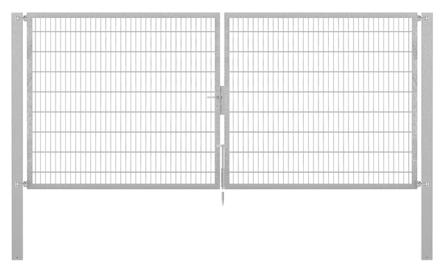 Doppeltor Flexo Plus, schwer, Material: Stahl roh, Oberfläche: feuerverzinkt passiviert, zum Einbetonieren, Ausführung: mittig geteilt, Nennbreite: 4000 mm, lichte Breite: 4000 mm, Durchgangsbreite: 4000 mm, Rahmenbreite Schließflügel: 1932 mm, Rahmenbreite Zweitflügel: 1932 mm, Höhe: 1600 mm, Pfostenlänge: 2300 mm, Pfostenstärke: 100 x 100 mm, Rahmenstärke: 60 x 40 mm, Maschenweite: 50 x 200 mm, 15 Jahre Garantie gegen Durchrosten