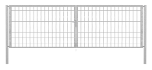 Doppeltor Flexo Plus, Typ 8/6/8, Material: Stahl roh, Oberfläche: feuerverzinkt passiviert, zum Einbetonieren, Ausführung: mittig geteilt, Nennbreite: 5000 mm, lichte Breite: 5000 mm, Durchgangsbreite: 5000 mm, Rahmenbreite Schließflügel: 2432 mm, Rahmenbreite Zweitflügel: 2432 mm, Höhe: 1600 mm, Pfostenlänge: 2300 mm, Pfostenstärke: 100 x 100 mm, Rahmenstärke: 60 x 40 mm, Maschenweite: 50 x 200 mm, 15 Jahre Garantie gegen Durchrosten