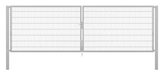 Doppeltor Flexo Plus, schwer, Material: Stahl roh, Oberfläche: feuerverzinkt passiviert, zum Einbetonieren, Ausführung: mittig geteilt, Nennbreite: 5000 mm, lichte Breite: 5000 mm, Durchgangsbreite: 5000 mm, Rahmenbreite Schließflügel: 2432 mm, Rahmenbreite Zweitflügel: 2432 mm, Höhe: 1600 mm, Pfostenlänge: 2300 mm, Pfostenstärke: 100 x 100 mm, Rahmenstärke: 60 x 40 mm, Maschenweite: 50 x 200 mm, 15 Jahre Garantie gegen Durchrosten