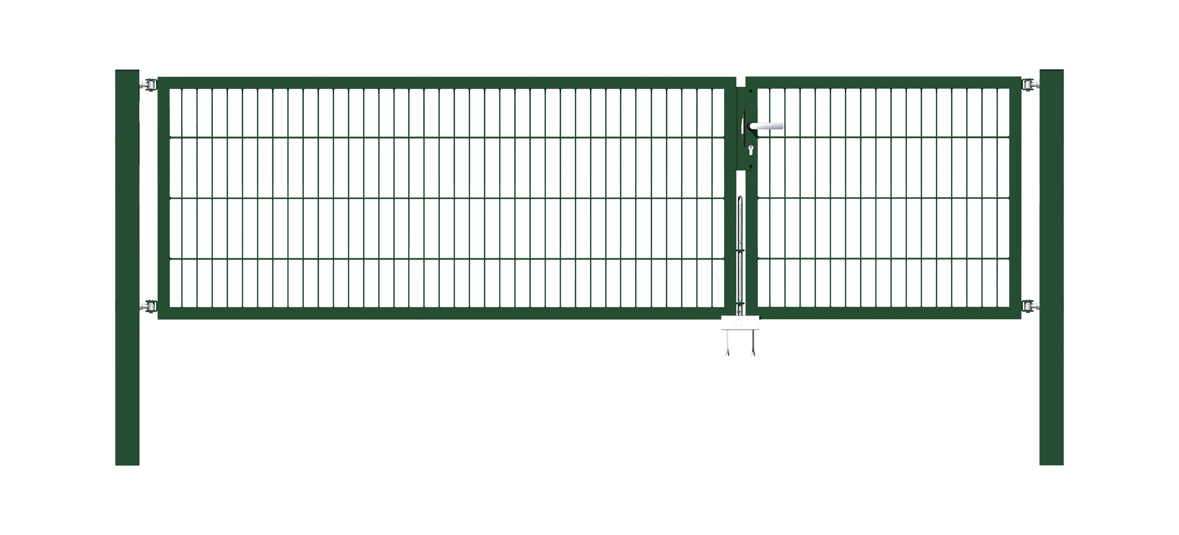 Cancello a due ante Flexo, tipo 6/5/6, Materiale: acciaio grezzo, superficie: zincata a caldo, plastificata nero opaco RAL 9005, da cementare, Larghezza nominale: 3000 mm, larghezza netta: 2985 mm, Larghezza totale: 2869 mm, Larghezza anta di cancello: 910 mm, Larghezza seconda anta di cancello: 1925 mm, altezza: 800 mm, Lunghezza pilastro: 1500 mm, Spessore pilastro: 80 x 80 mm, Spessore telaio: 40 x 40 mm, larghezza delle maglie: 50 x 200 mm, Suddivisione larghezza cancello: Diviso in modo disuguale, 15 anni di garanzia contro la formazione di ruggine